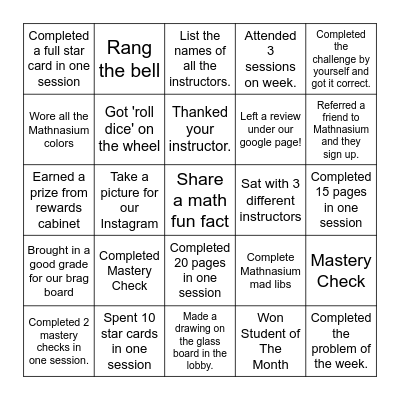 Mathnasium Fall Bingo Card