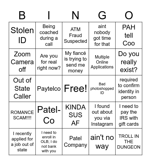 Fraud Bingo Card