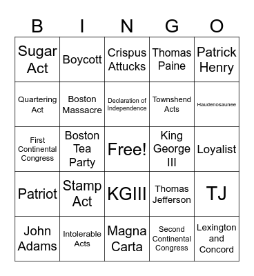 Road to Revolution Bingo Card