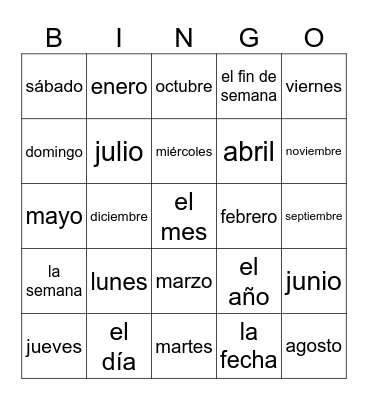 Sp 1 El calendario Bingo Card