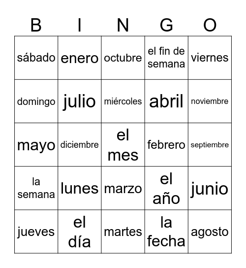 Sp 1 El calendario Bingo Card