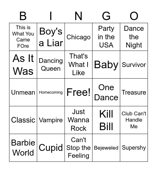 Homecoming Bingo Card