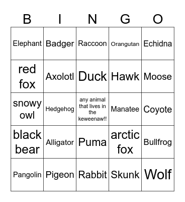 wildlife bingo!!!! Bingo Card