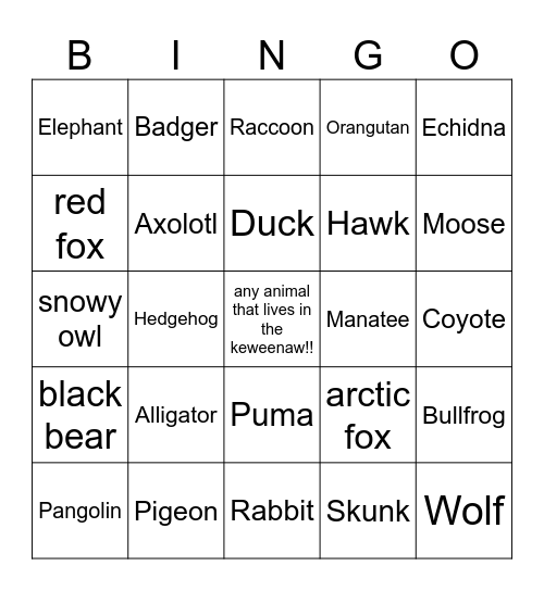 wildlife bingo!!!! Bingo Card