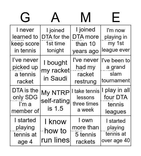 Tennis Bingo Card