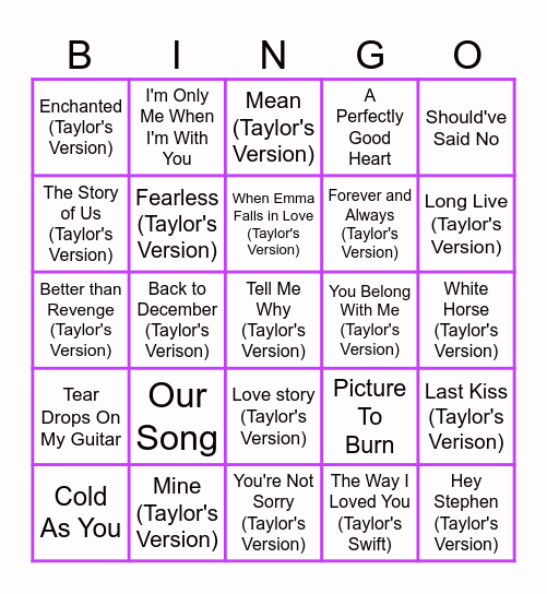 Taylor Swift Eras Round 1 Bingo Card
