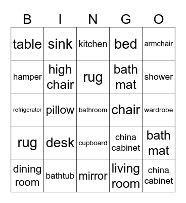 House and furniture Bingo Card