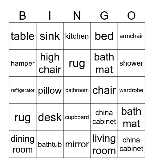 House and furniture Bingo Card