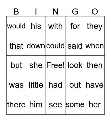 sight words Bingo Card