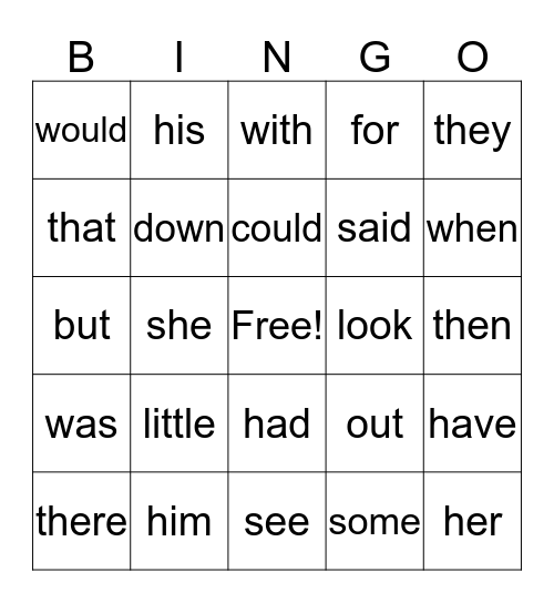 sight words Bingo Card