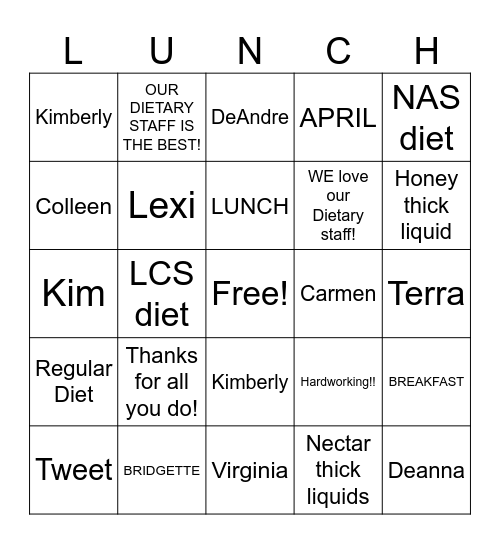 Dietary Bingo Card