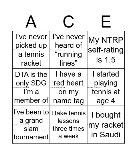 Tennis Bingo Card