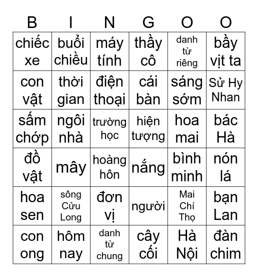 Danh từ Bingo Card