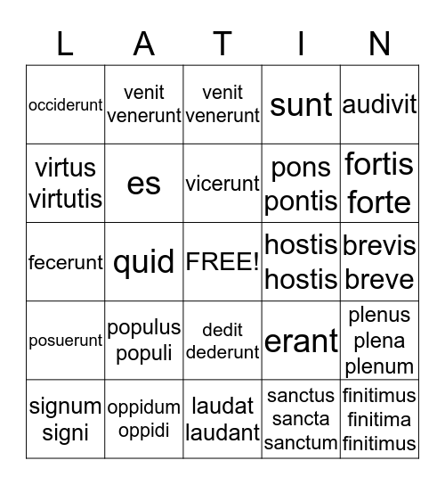 Latin Bingo Card