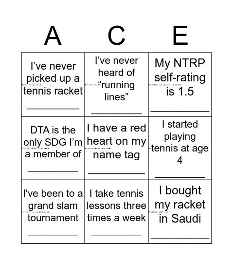 Tennis Bingo Card