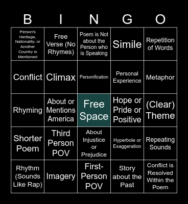 Narrative Poetry Bingo Card