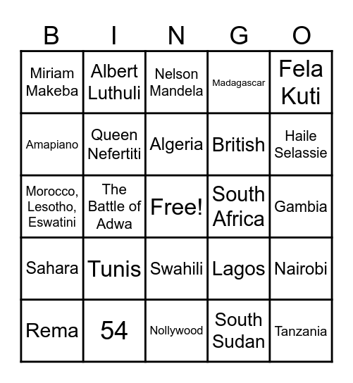 AFRICA TRIVIA Bingo Card