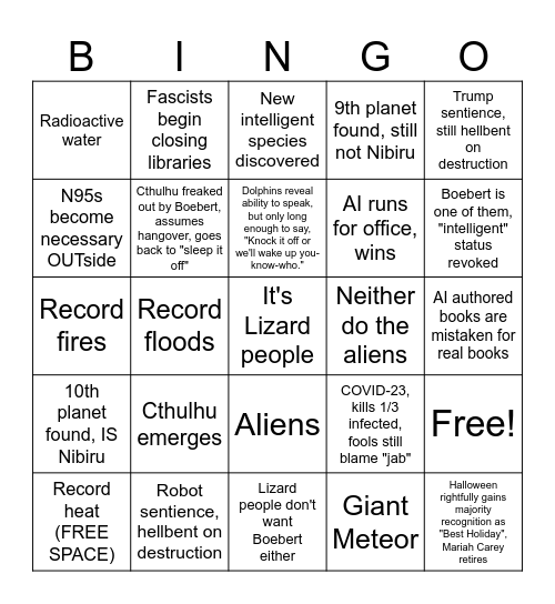 2023 Unsurprising Things Bingo Card
