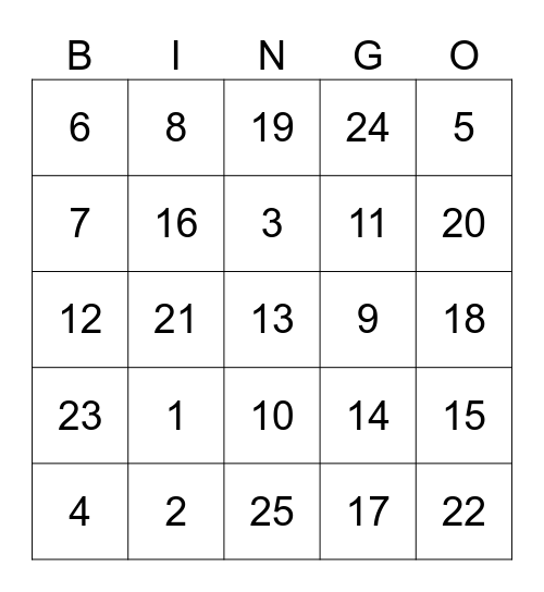 1 to 25 Bingo Card