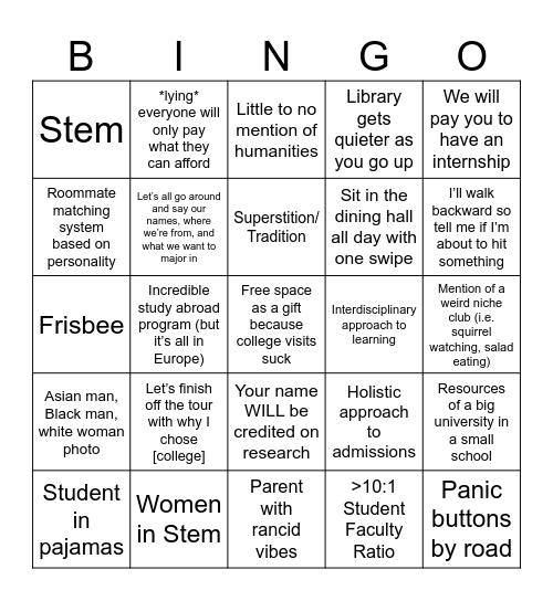 College Tour Bingo Card