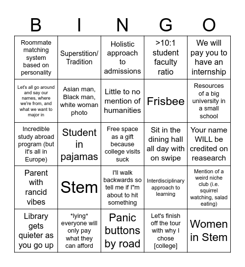 College Tour bingo Card