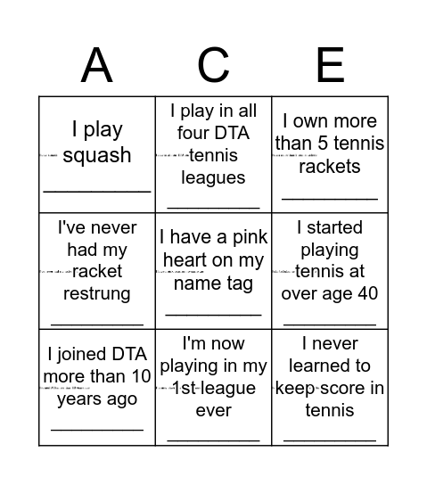 Tennis Bingo Card