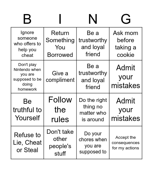 Honesty Bingo Card