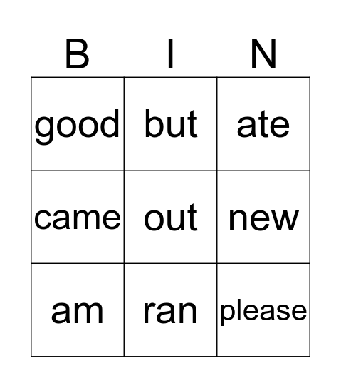 Andrew's Primer BINGO 1 Bingo Card