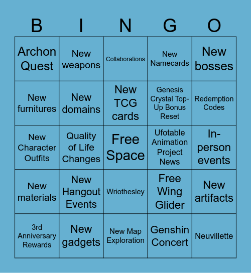 Genshin Version 4.1 Livestream Bingo Card