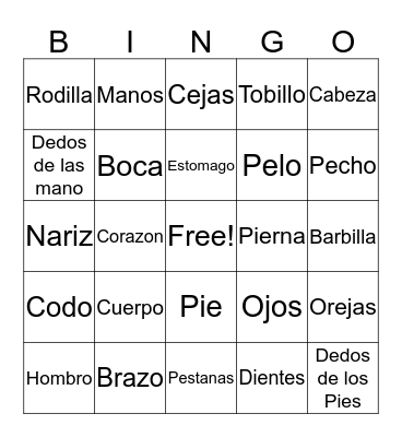 Partes del Cuerpo Bingo Card