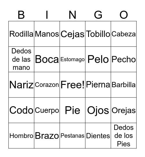 Partes del Cuerpo Bingo Card