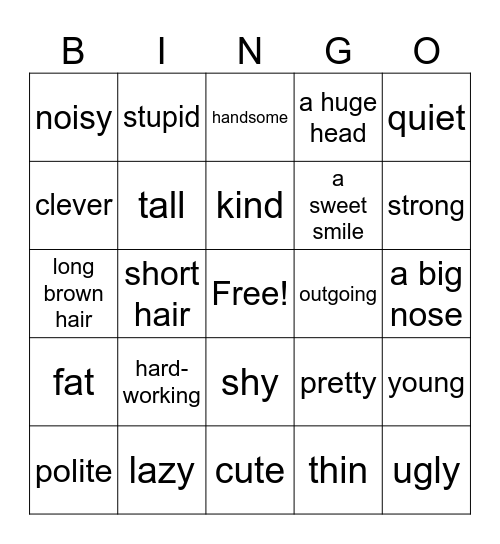 adjective Bingo Card