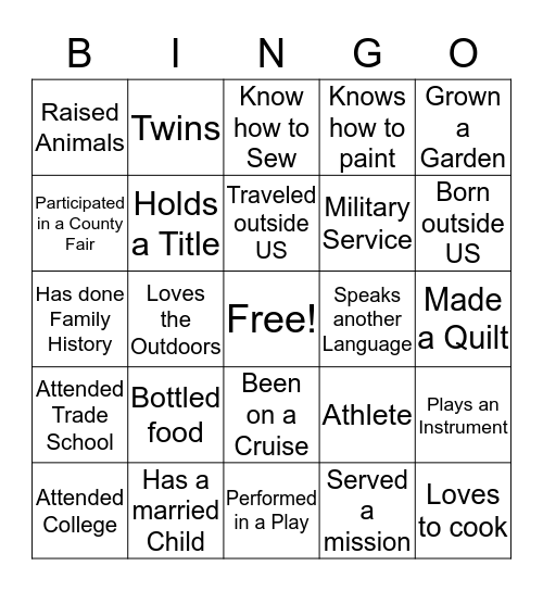 Sister Bingo Card