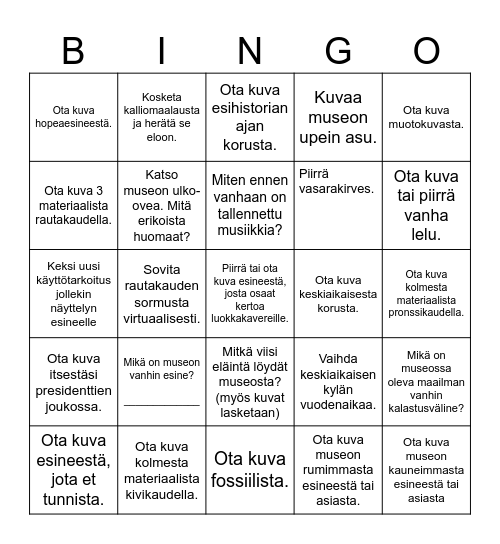 Kansallismuseobingo: Suorita tehtävät ja metsästä bingo vaakaan, pystyyn tai vinoon. Bingo Card