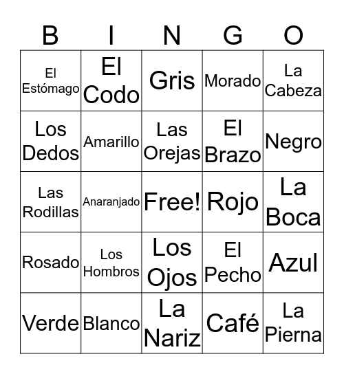 Los Colores y Los Partes Del Cuerpo BINGO Card