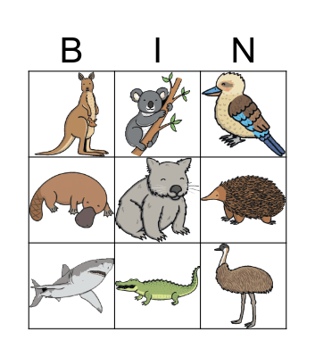 Australian Animal Bingo Card