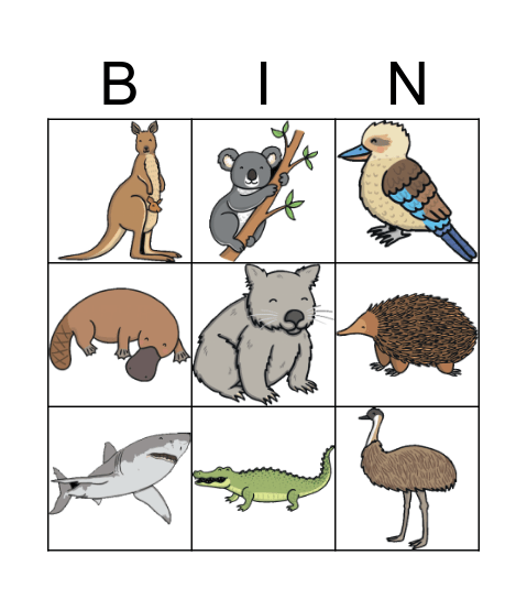 Australian Animal Bingo Card