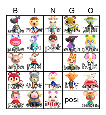 Animal Crossing Villager Hunt Bingo Card