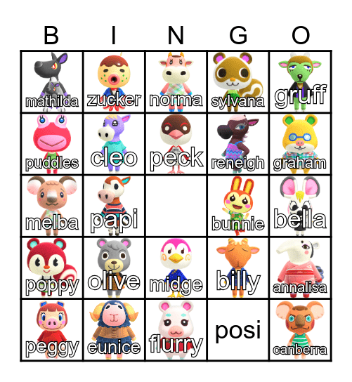 Animal Crossing Villager Hunt Bingo Card