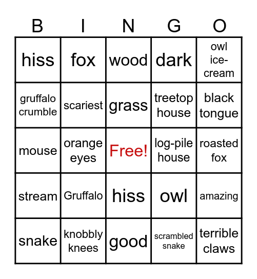 The Gruffalo Bingo Card