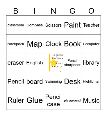 School Vocabulary Bingo Card