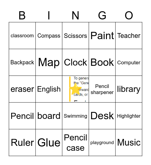 School Vocabulary Bingo Card