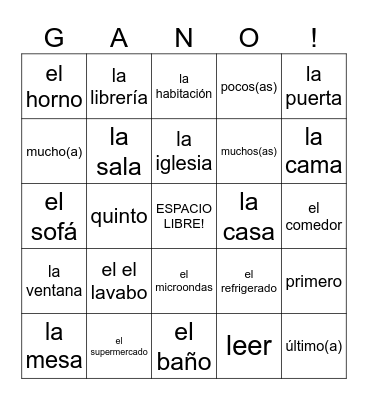 Spanish 1 Bingo Card