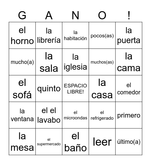 Spanish 1 Bingo Card