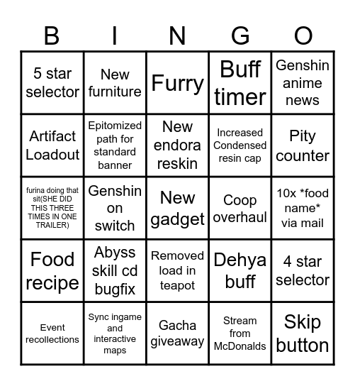 Genshin anniversary Bingo Card