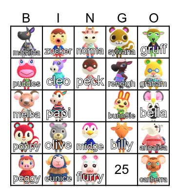 Animal Crossing Villager Hunt Bingo Card
