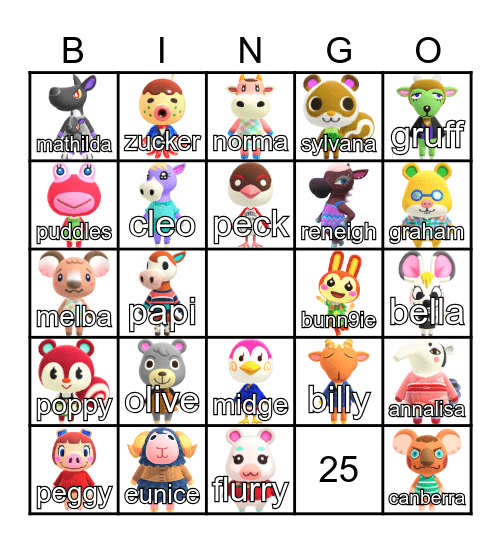 Animal Crossing Villager Hunt Bingo Card