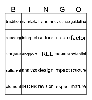 Vocabulary  Bingo 4 Bingo Card