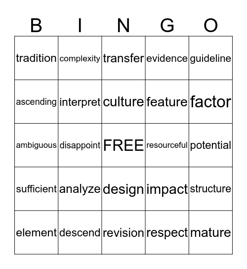 Vocabulary  Bingo 4 Bingo Card