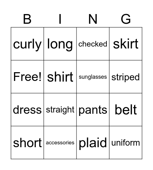 Accessories Vocabulary Bingo Card